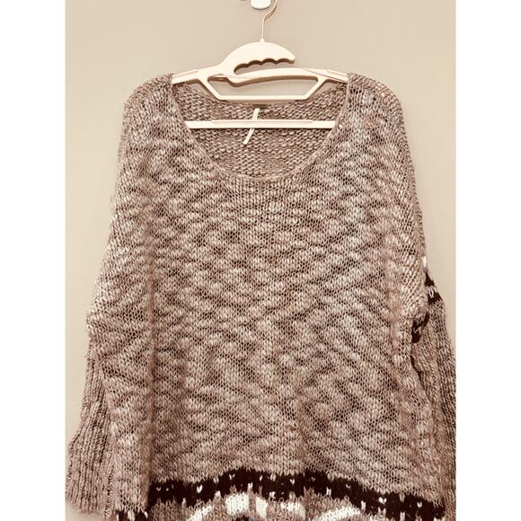 Free People Brown Oversized Aztec Wool Mohair Blend Knit Pullover Sweater Size S - Picture 3 of 11